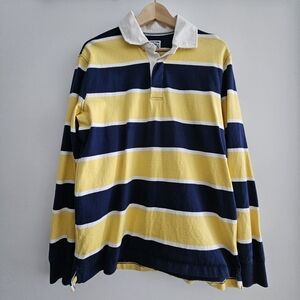 Lands' End Men's Navy and Yellow Striped Rugby Shirt Size M